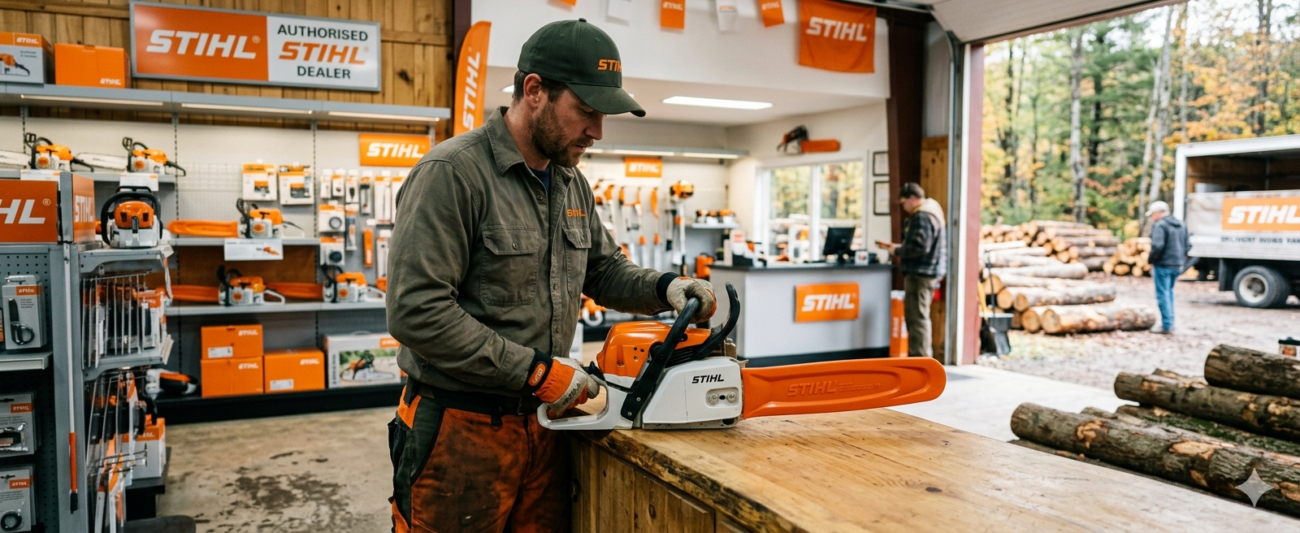 Professional using a Stihl MS 500i petrol chainsaw to fell a large tree in bushland