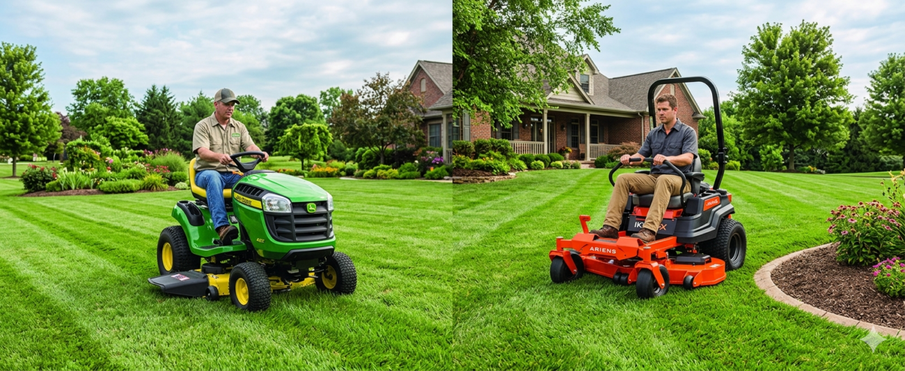 Ferris zero-turn mower cutting a large open lawn area with precision