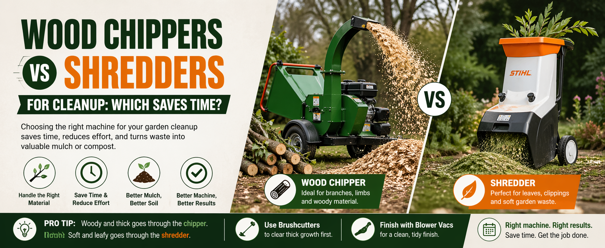 Wood chipper processing branches in garden cleanup